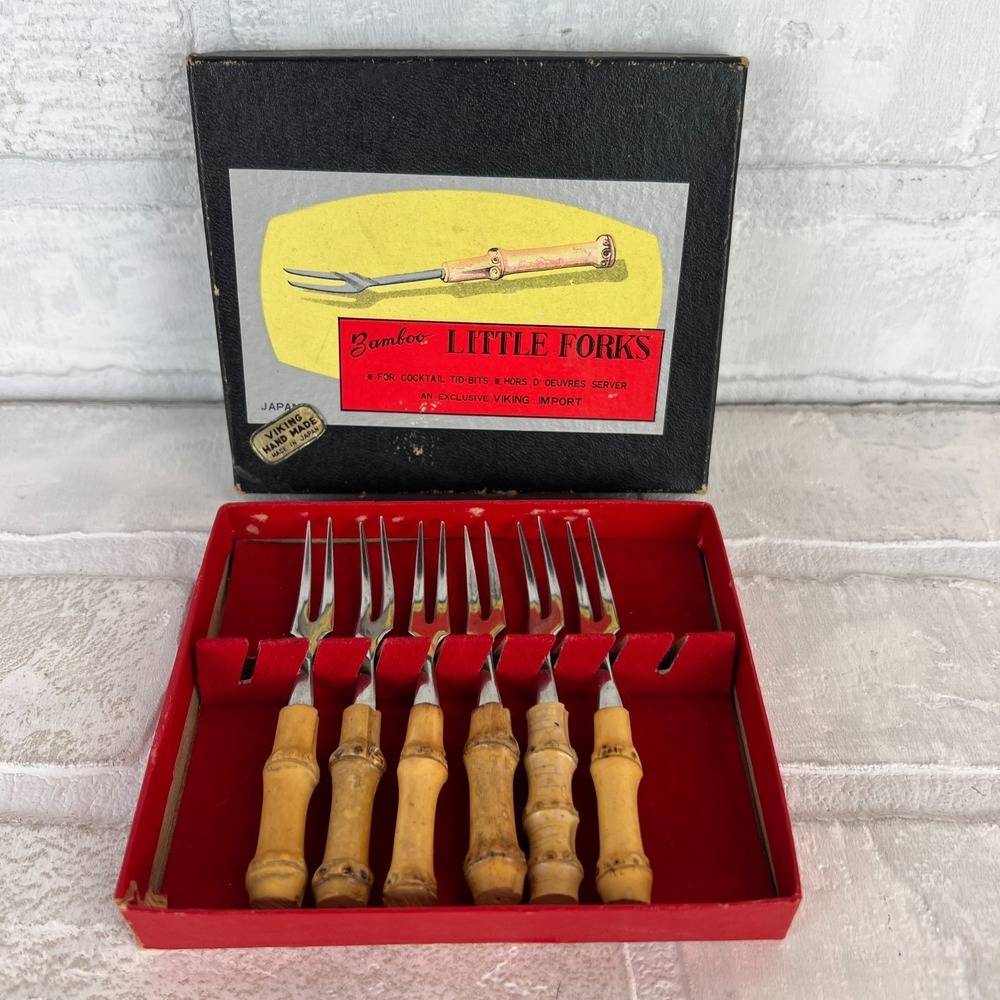 Viking Bamboo Little Forks 6 Cocktail Hand Made Set‎ Original Box Japan Vintage
